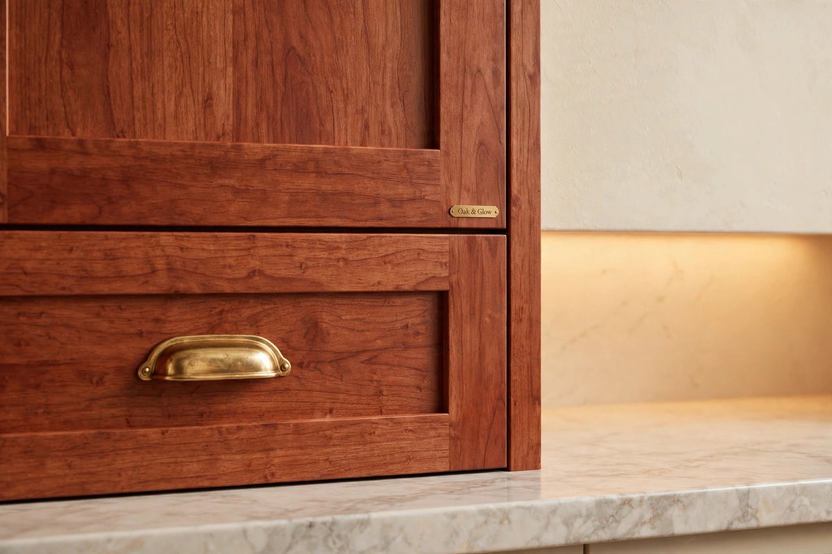 Cherry shaker cabinets — sample door — kitchen rendering