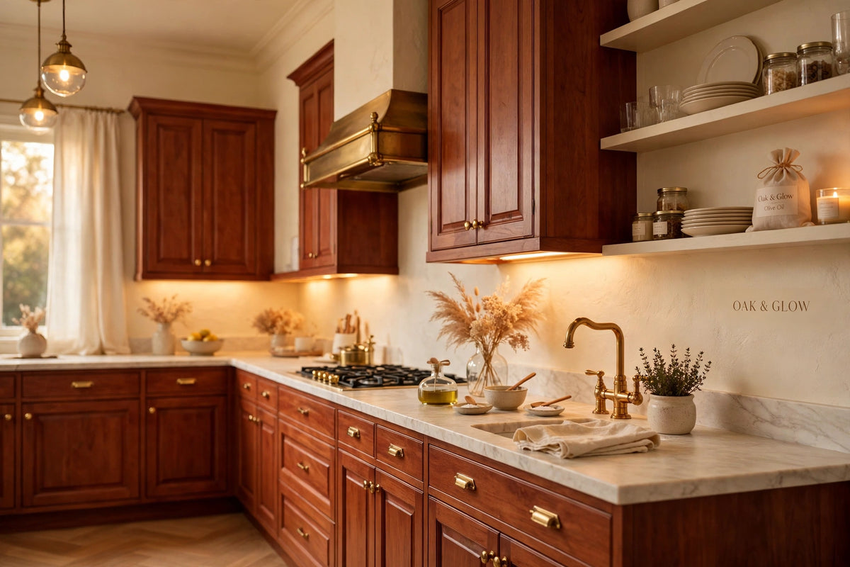 Cherry shaker cabinets — sample door — kitchen rendering