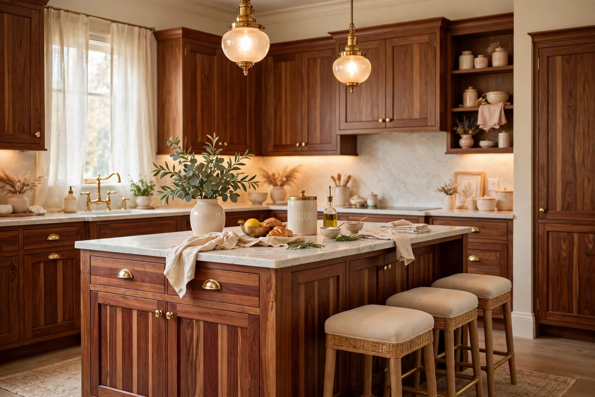 Sapele shaker cabinets — sample door — kitchen rendering