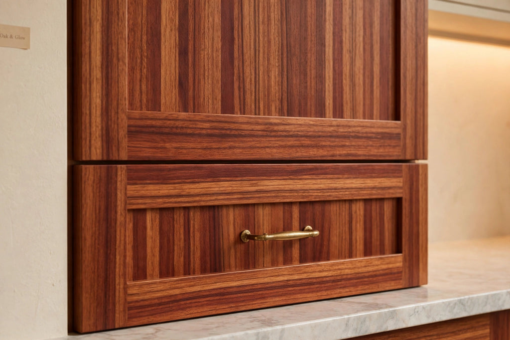 Sapele shaker cabinets — sample door — kitchen rendering