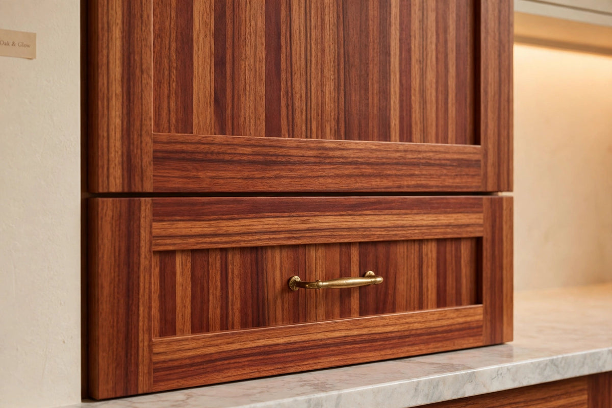 Sapele shaker cabinets — sample door — kitchen rendering