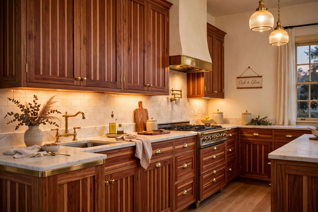 Sapele shaker cabinets — sample door — kitchen rendering