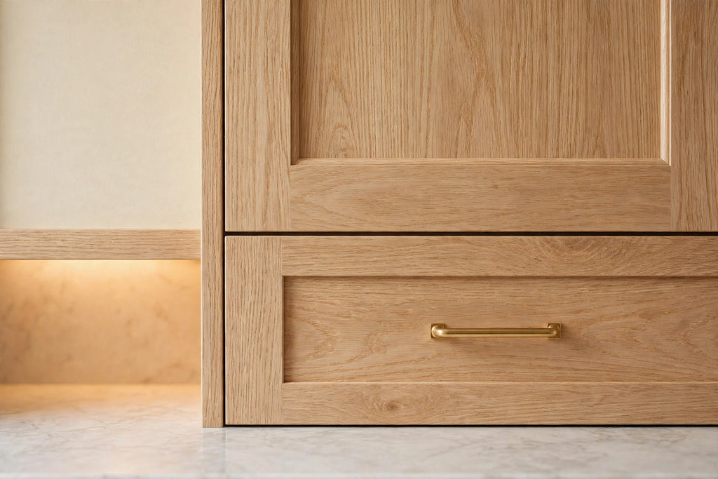 White Oak shaker cabinets — sample door — kitchen rendering