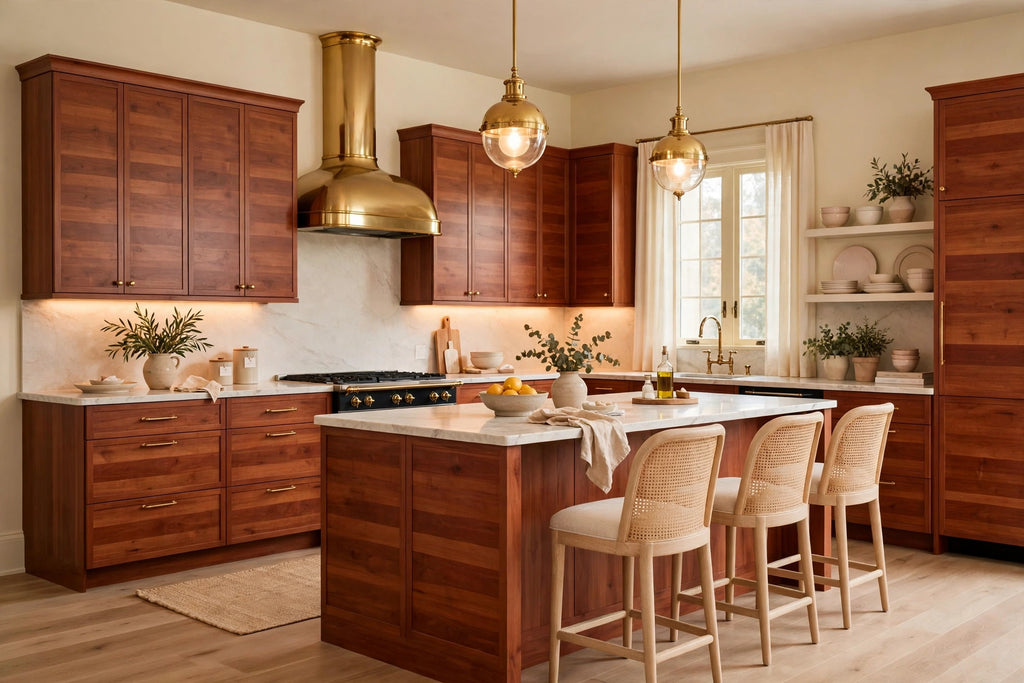 Cherry slab cabinets — sample door — kitchen rendering