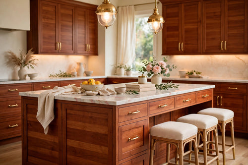 Cherry slab cabinets — sample door — kitchen rendering