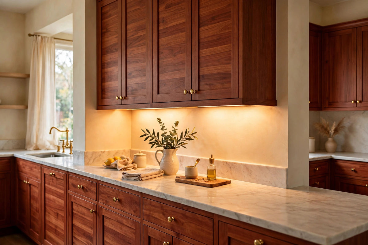 Cherry slab cabinets — sample door — kitchen rendering
