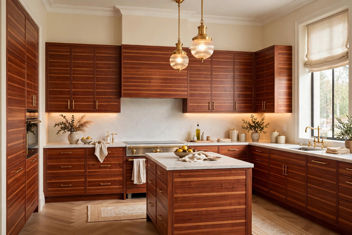 Sapele slab cabinets — sample door — kitchen rendering