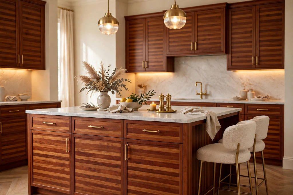Sapele slab cabinets — sample door — kitchen rendering