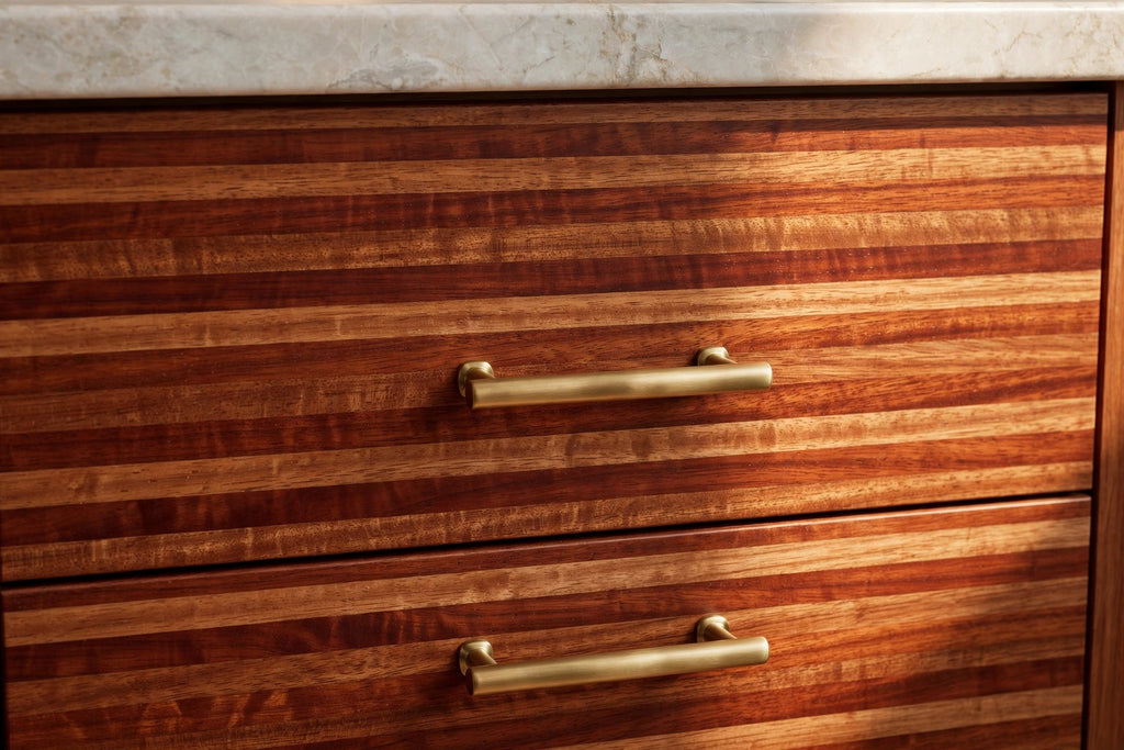 Sapele slab cabinets — sample door — kitchen rendering