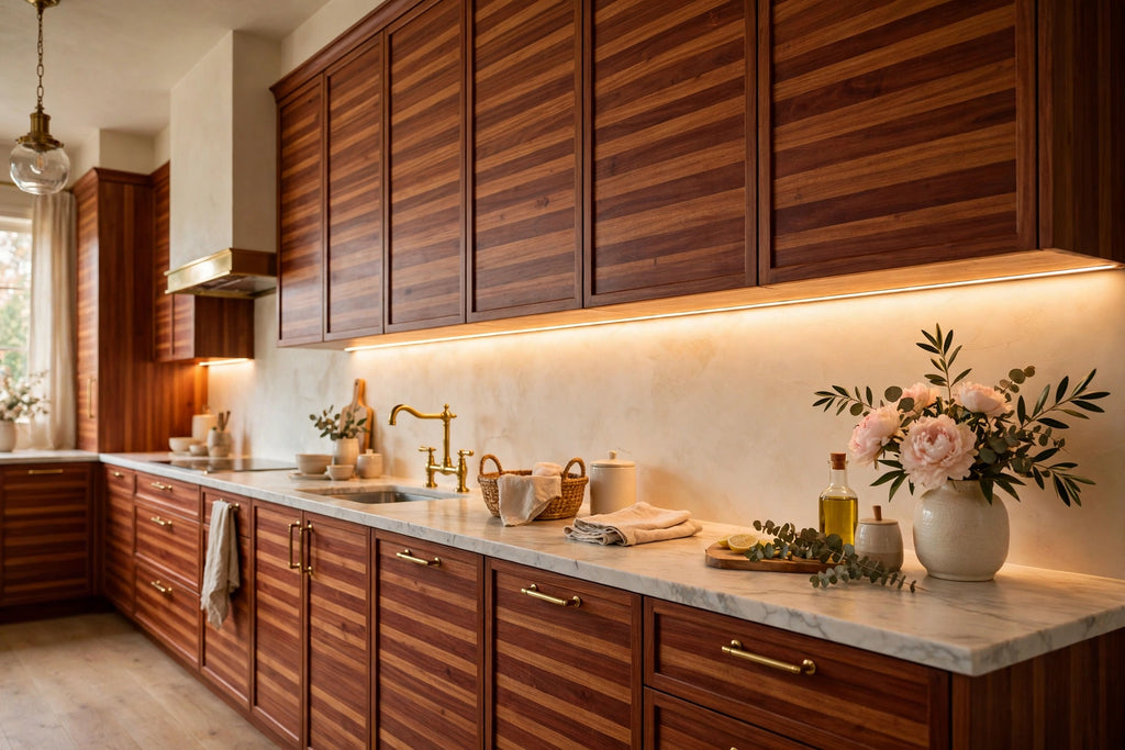 Sapele slab cabinets — sample door — kitchen rendering