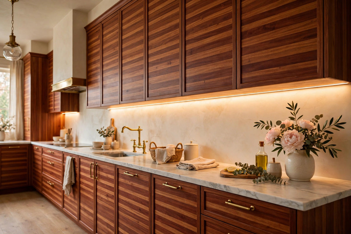 Sapele slab cabinets — sample door — kitchen rendering