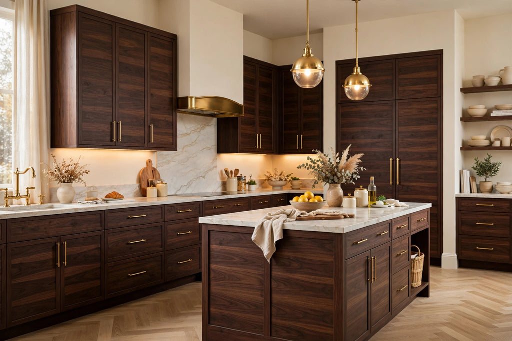 Walnut slab cabinets — sample door — kitchen rendering