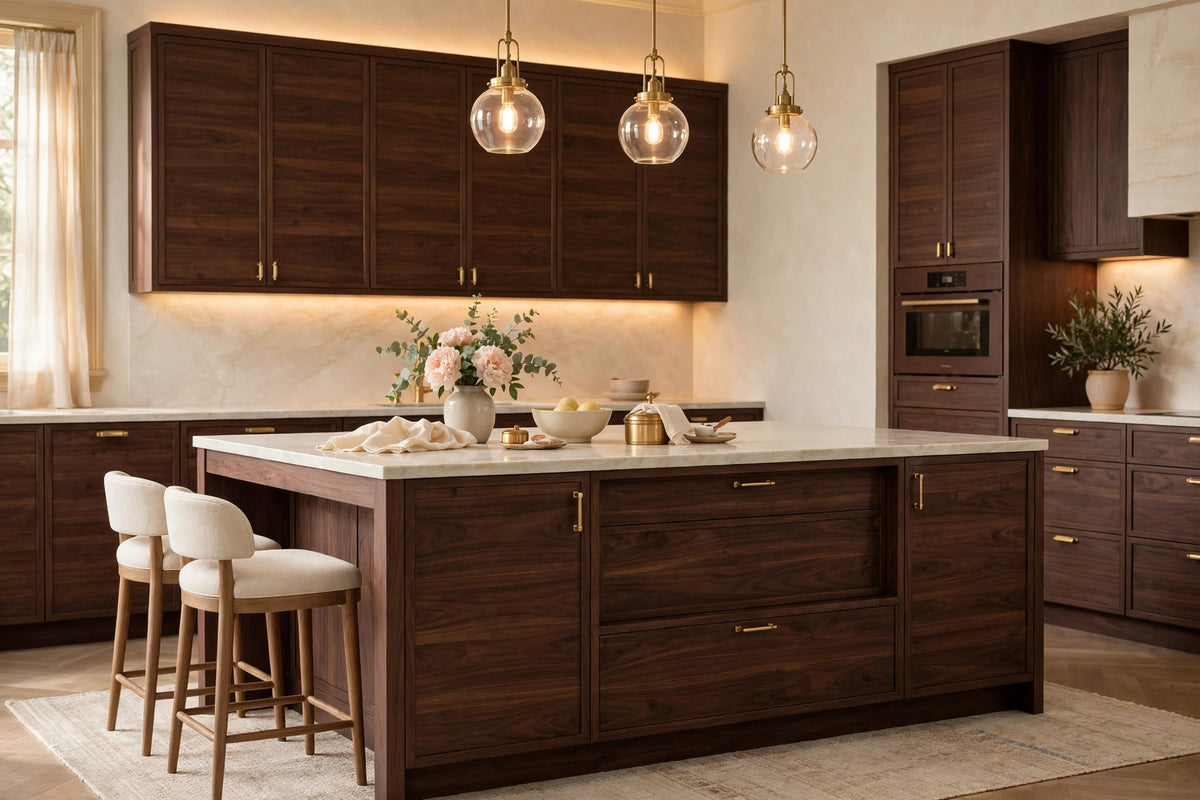 Walnut slab cabinets — sample door — kitchen rendering