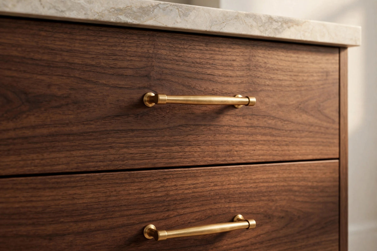 Walnut slab cabinets — sample door — kitchen rendering