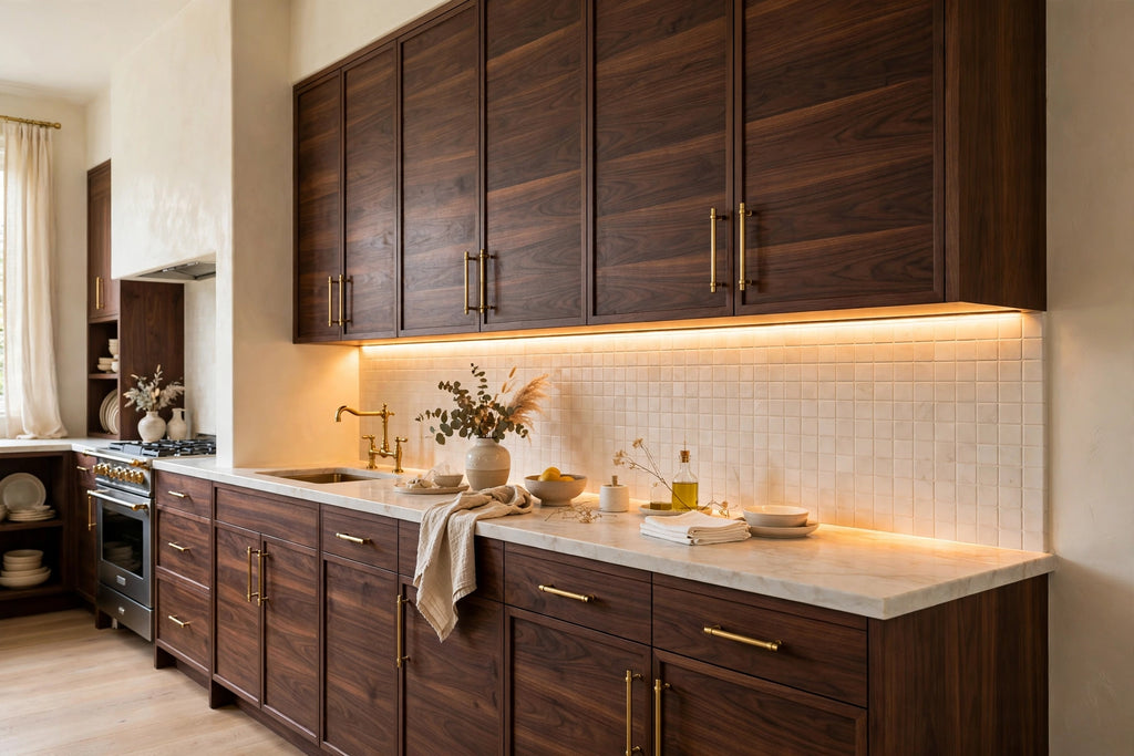Walnut slab cabinets — sample door — kitchen rendering