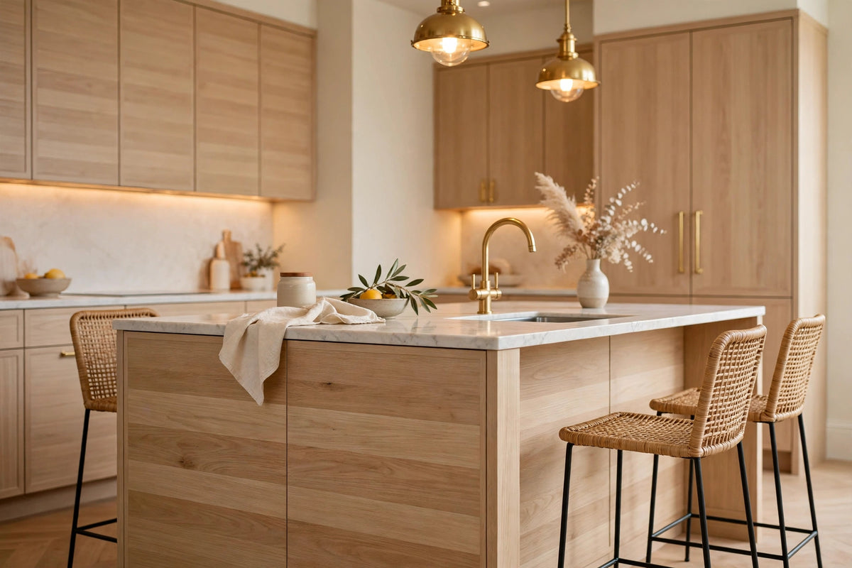 White Oak slab cabinets — sample door — kitchen rendering
