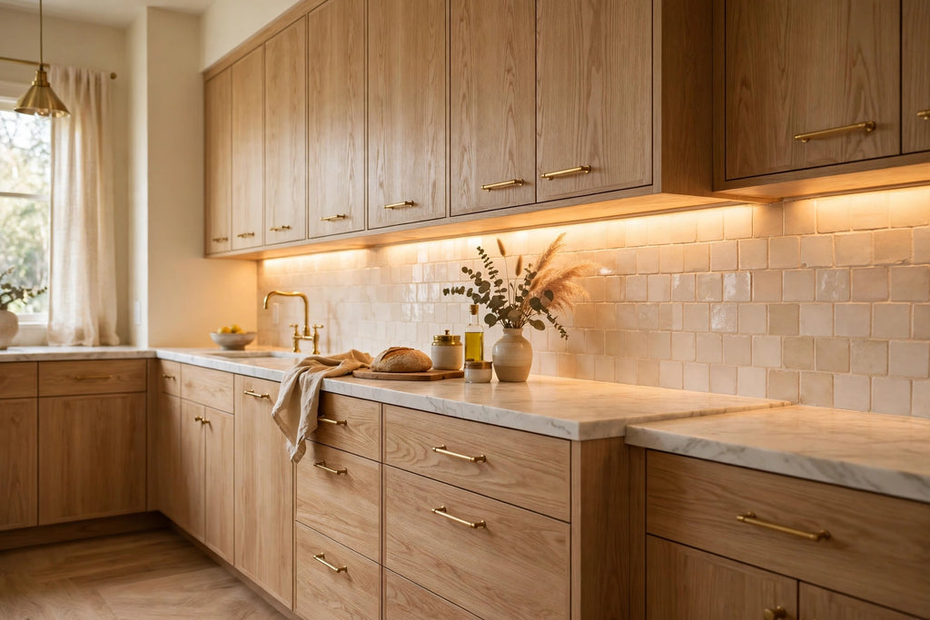 White Oak slab cabinets — sample door — kitchen rendering