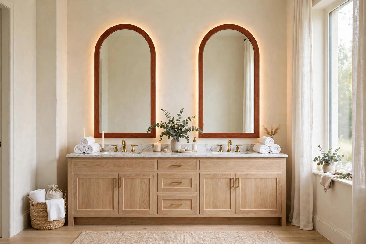 Custom lit cherry arch mirror — back-lit vanity mirror