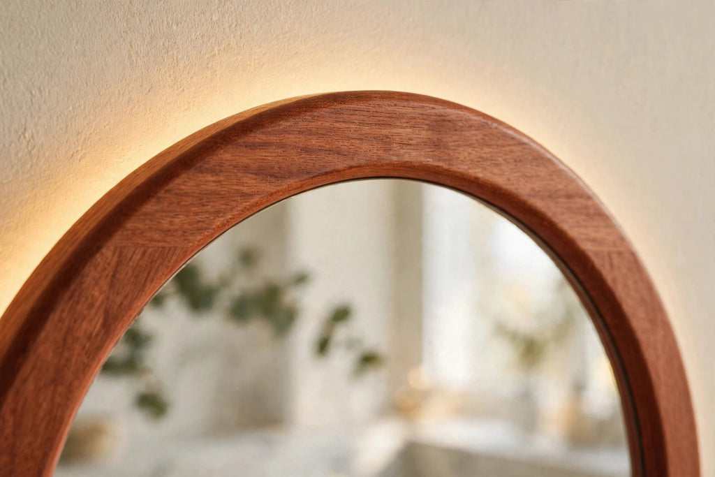 Custom lit cherry arch mirror — back-lit vanity mirror