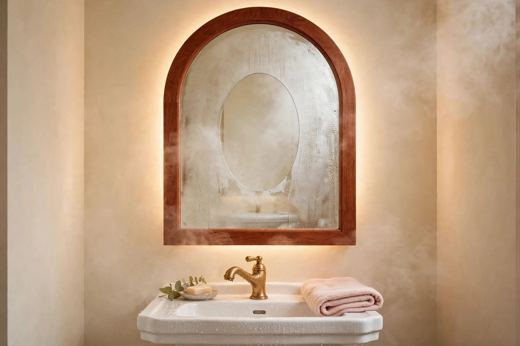 Custom lit cherry arch mirror — back-lit vanity mirror