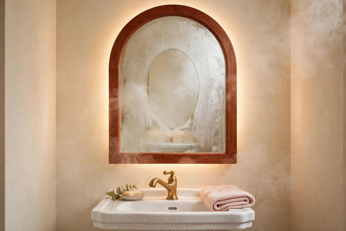 Custom lit cherry arch mirror — back-lit vanity mirror
