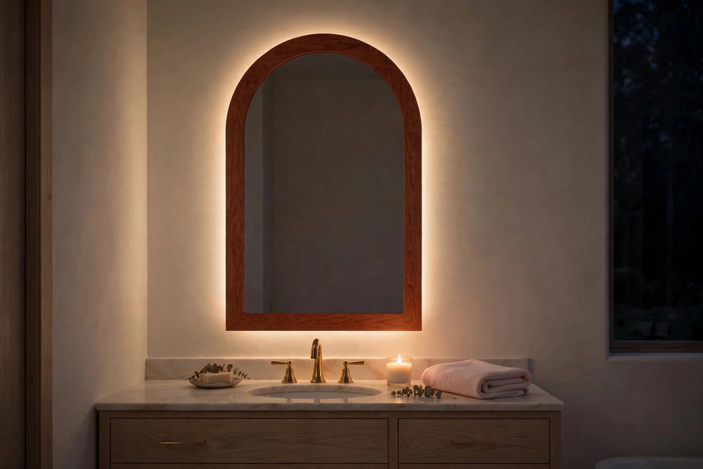 Custom lit cherry arch mirror — back-lit vanity mirror
