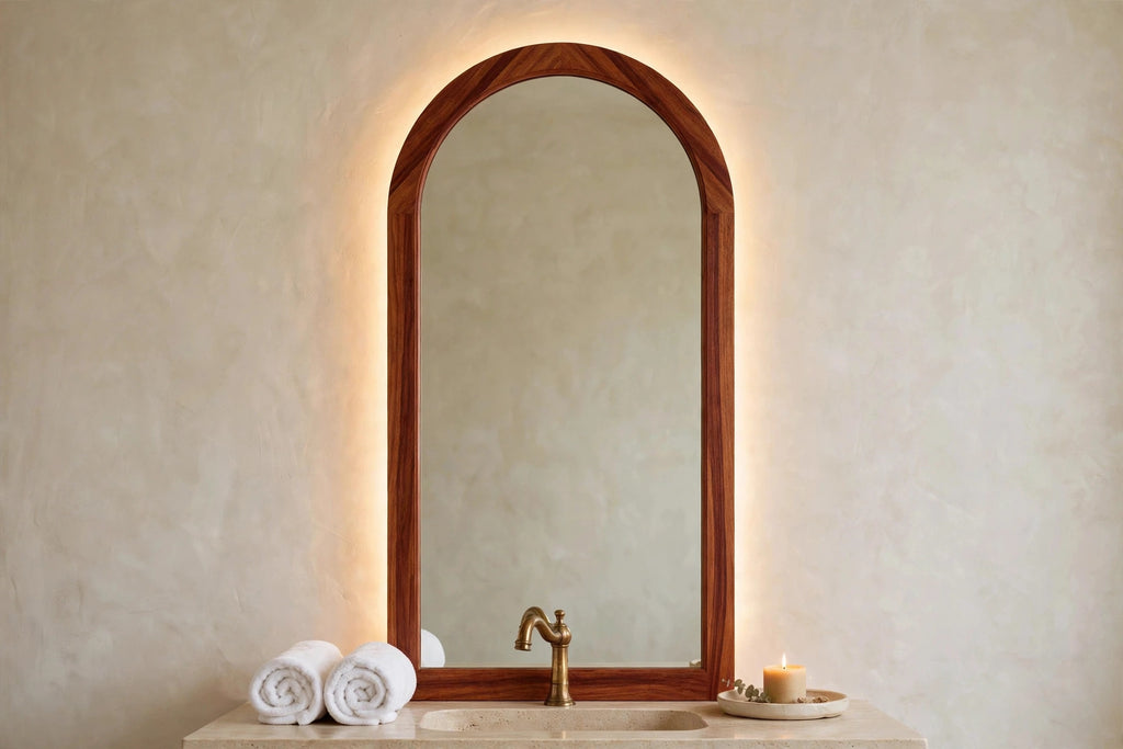 Custom lit sapele arch mirror — back-lit vanity mirror
