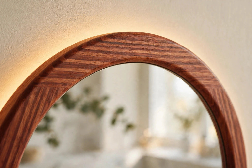 Custom lit sapele arch mirror — back-lit vanity mirror