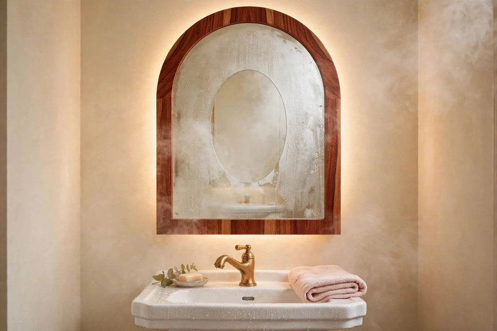 Custom lit sapele arch mirror — back-lit vanity mirror