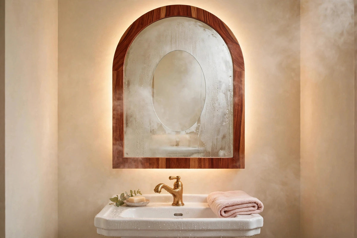 Custom lit sapele arch mirror — back-lit vanity mirror