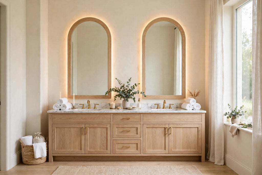 Custom lit white oak arch vanity mirror