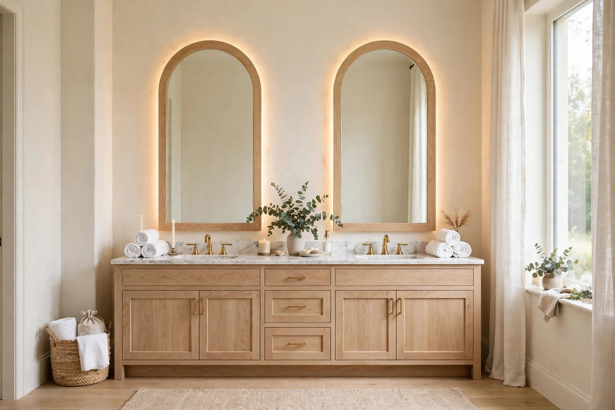 Custom lit white oak arch vanity mirror