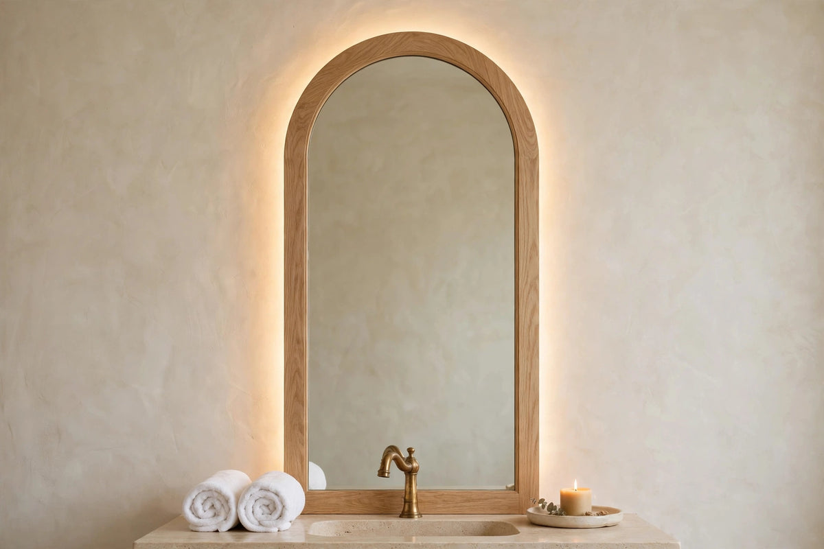 Custom lit white oak arch vanity mirror