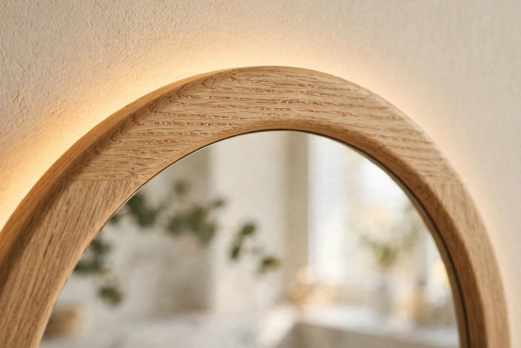 Custom lit white oak arch vanity mirror
