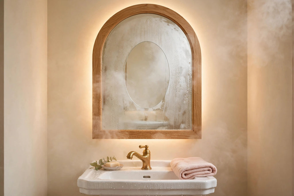 Custom lit white oak arch vanity mirror
