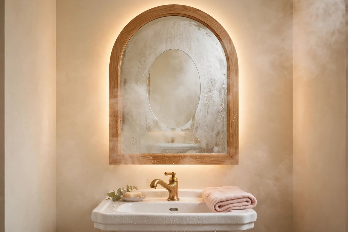 Custom lit white oak arch vanity mirror