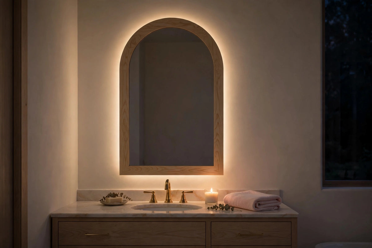 Custom lit white oak arch vanity mirror