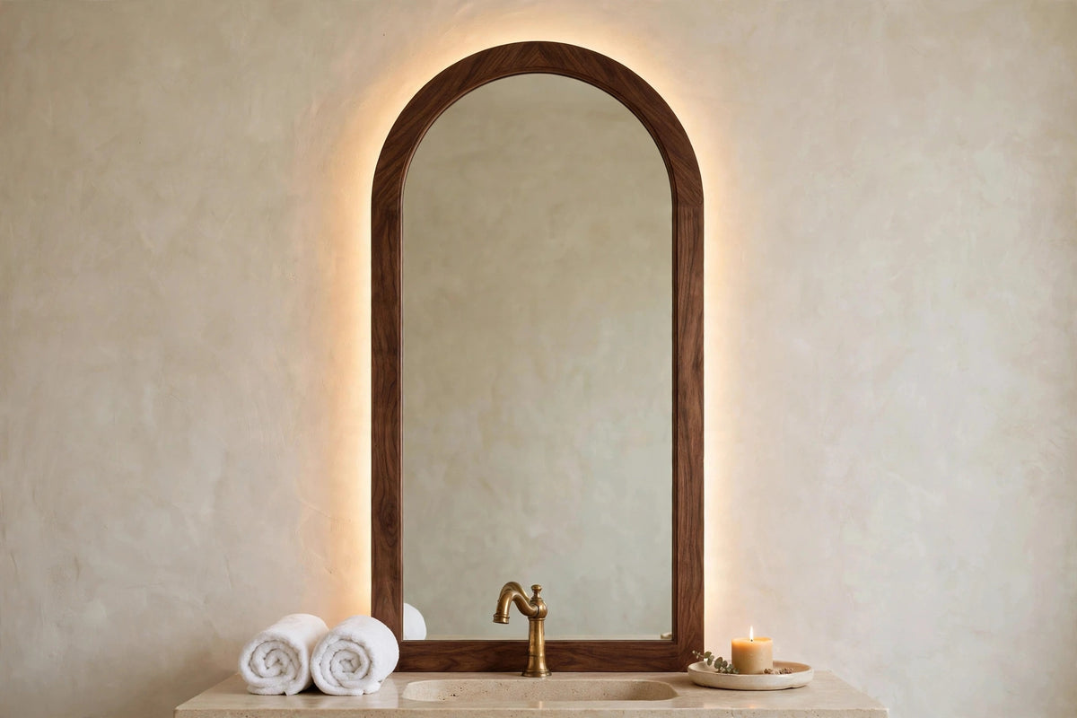 Custom lit walnut arch mirror — back-lit vanity mirror
