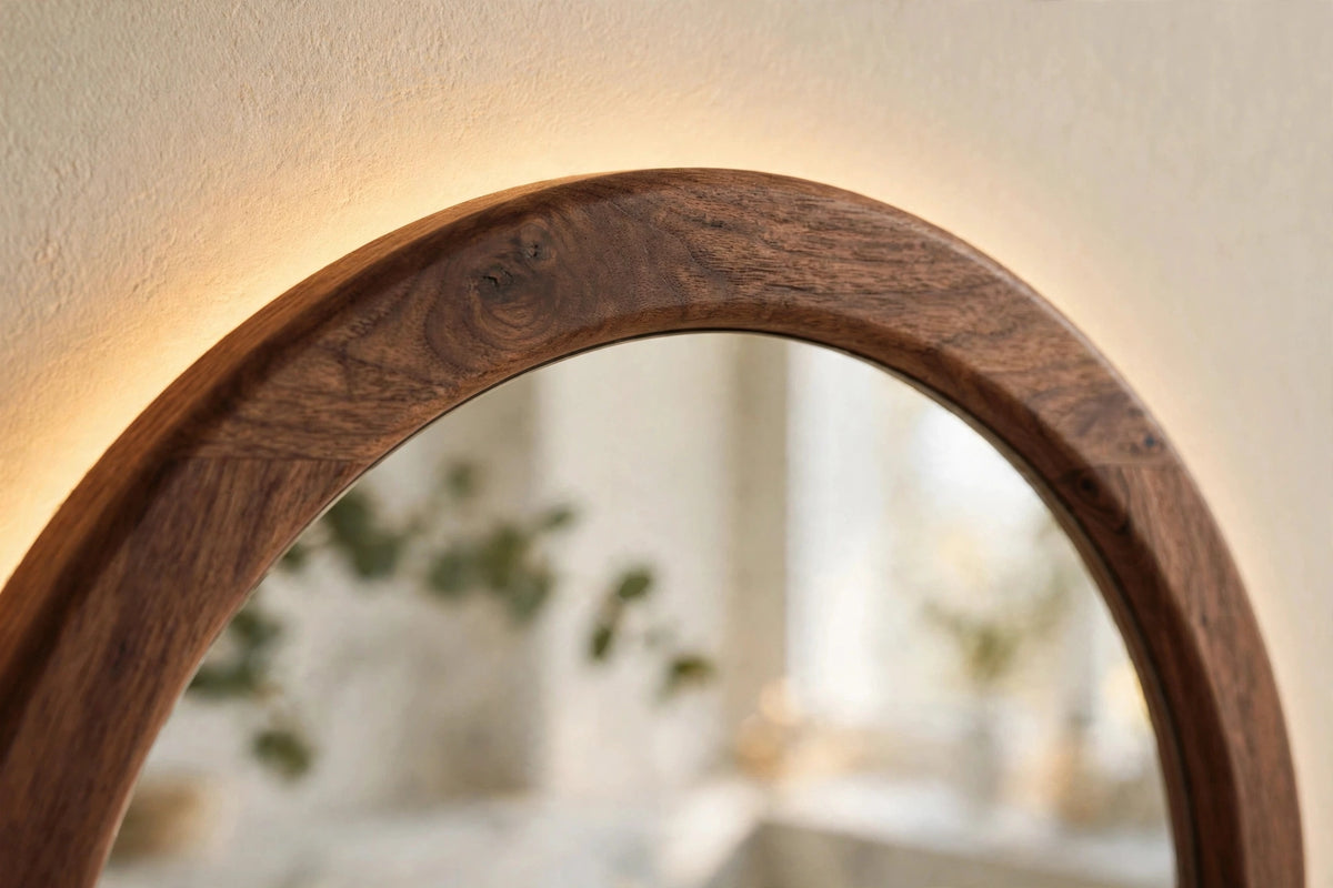 Custom lit walnut arch mirror — back-lit vanity mirror