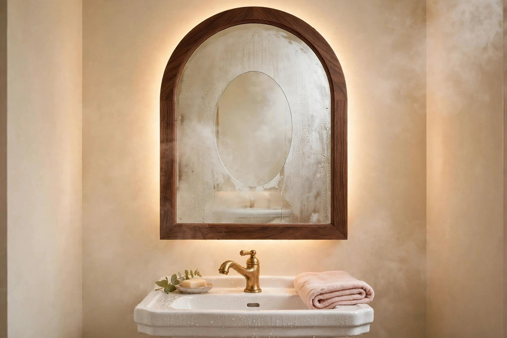 Custom lit walnut arch mirror — back-lit vanity mirror