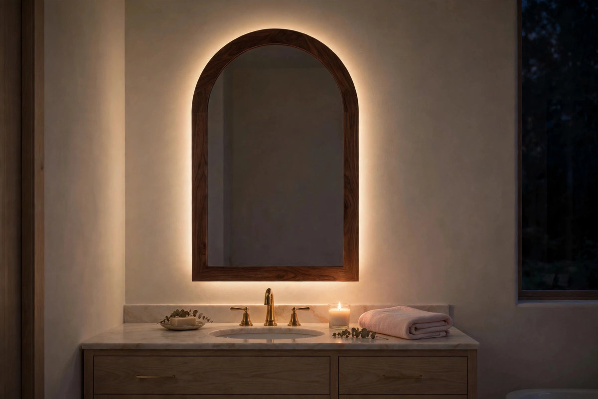 Custom lit walnut arch mirror — back-lit vanity mirror