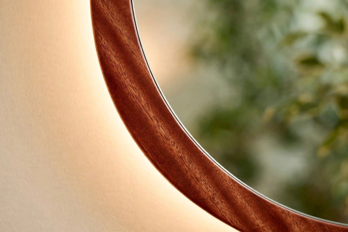 Custom lit sapele round mirror