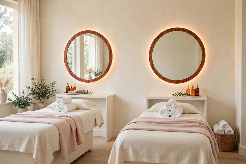 Custom lit sapele round mirror
