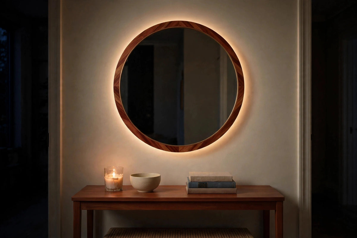 Custom lit sapele round mirror