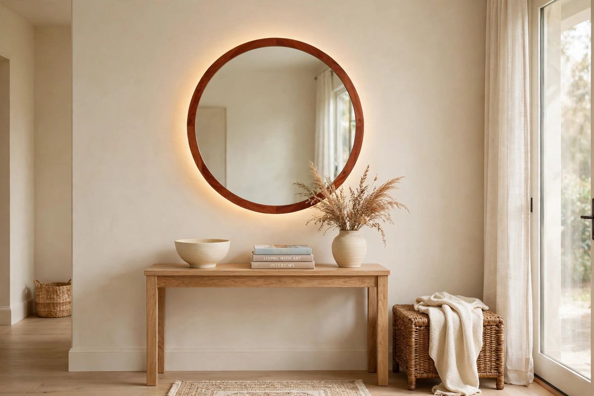 Custom lit cherry round vanity mirror
