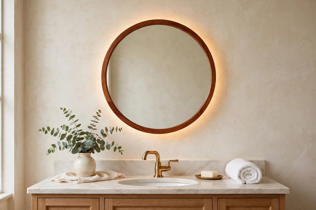 Custom lit cherry round vanity mirror