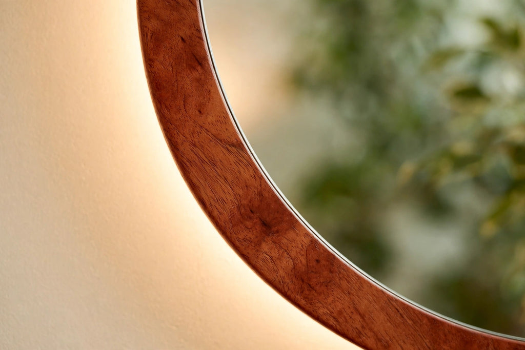 Custom lit cherry round vanity mirror