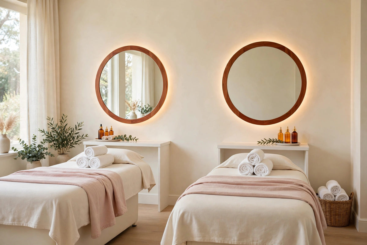 Custom lit cherry round vanity mirror