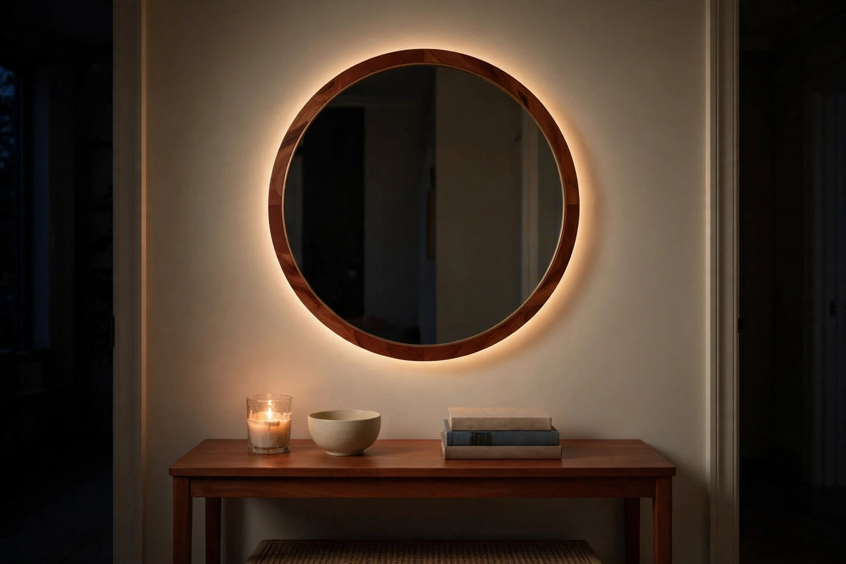 Custom lit cherry round vanity mirror