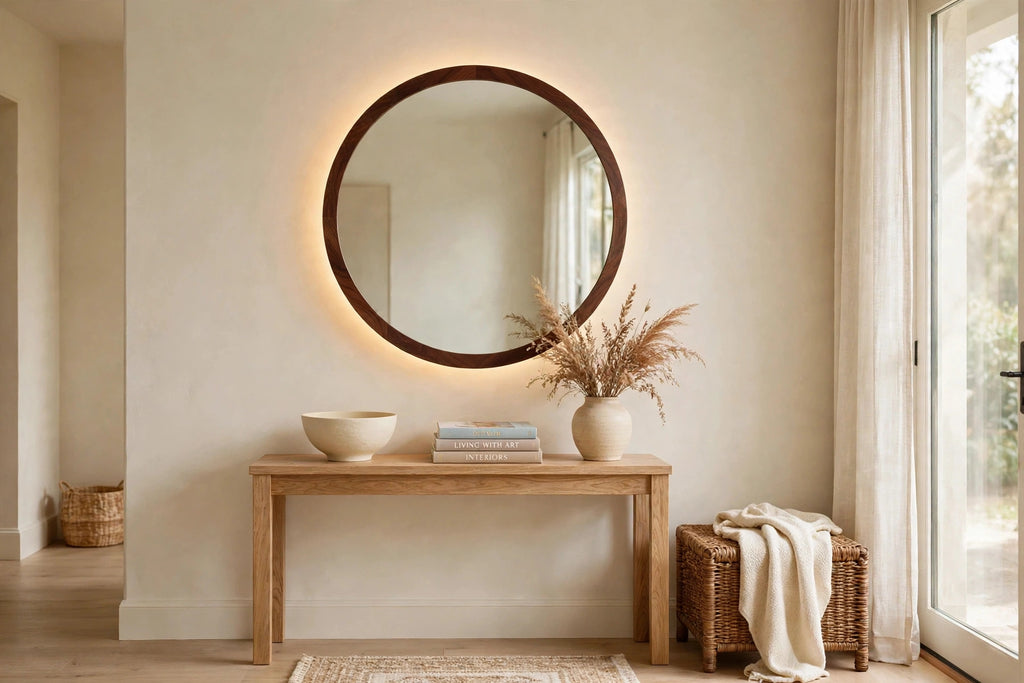 Custom lit walnut round mirror